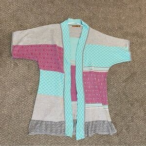 Belldini Longline Open Front S/S Cardigan XL Colorful Boho Artsy EUC